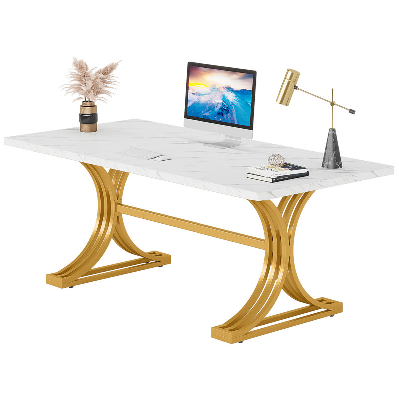 Philipe 63 Executive Computer Desk with Faux Marble Top and Stylish Gold Metal Legs Mercer41